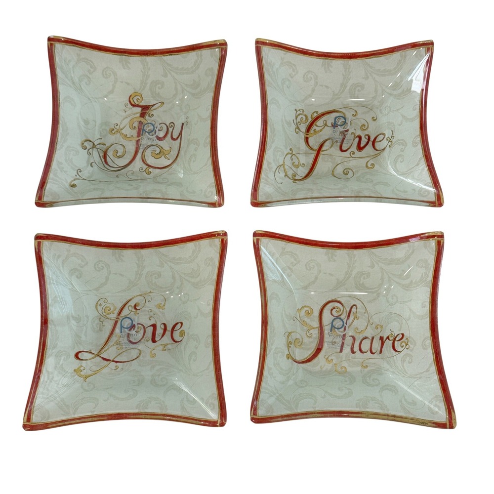 Prima Design Glass Trinket Dish Set 4pc Cream Red Gold Give Share Love Joy Small